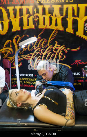 London, UK. 24th September, 2017. A man with a Japanese style body suit  tattoo at the 13th London International Tattoo Convention, which took place  over the weekend in Tobacco Dock, east London.