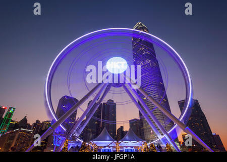 China, Hong Kong, Central, Hong Kong Observation Wheel and City Skyline Stock Photo