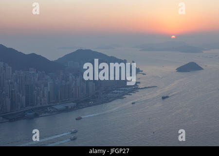 China, Hong Kong, International Commerce Centre, View of Sunset over Hong Kong Island from The Sky100 Observation Deck Stock Photo