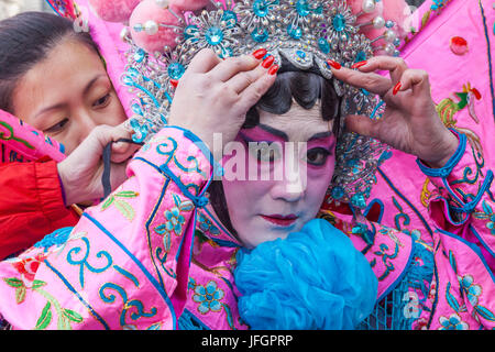 England, London, Soho, Chinatown, Chinese New Year Festival Parade, Female Participant Dressed in Chinese Opera Costume Stock Photo