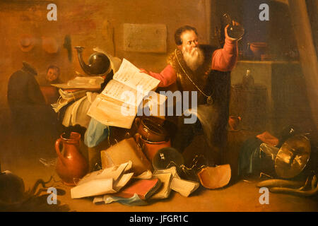 England, London, The Wellcome Collection, The Reading Room, 17th century Painting titled 'An Alchemist in His Laboratory' Stock Photo