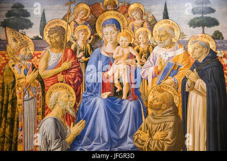 England, London, Trafalgar Square, The National Gallery, Painting of The Virgin and Child Enthroned Among Angels and Saints by Benozzo Gozzoli Stock Photo