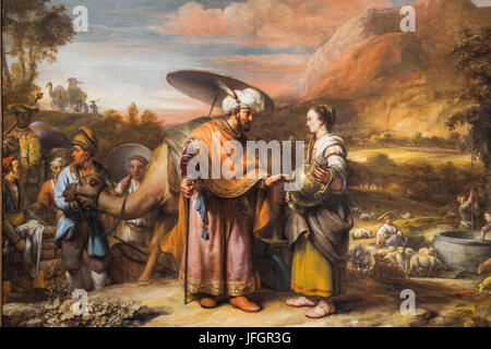 England, London, Trafalgar Square, The National Gallery, Painting titled 'Rebekah and Eliezer at the Well' by Gerbrand van den Eeckhout Stock Photo