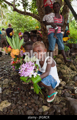 Locals of the island Telina greet visitor, Marovo lagoon, the Solomon Islands Stock Photo