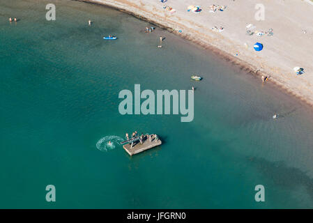 Beach with bath island, aerial shots, whale lake, whale town, Sarganserland, canton St. Gallen, Switzerland Stock Photo