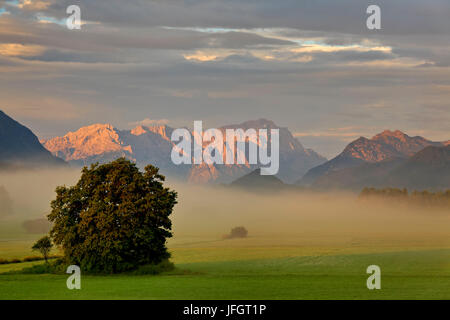 Germany, Bavaria, Upper Bavaria, Werdenfelser Land, view about the Murnauer moss on Zugspitze massif, Zugspitze, Alpspitze, Wetterstein Range and Kramer, Ammergauer alps Stock Photo