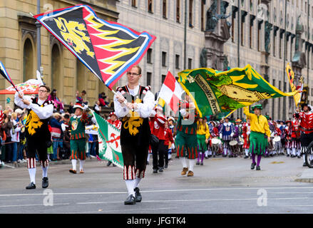 Oktoberfest in 2015 with traditional costumes and protection procession, association of southwest-German fanfare trains, Stock Photo