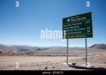 Chile, national park Nevado Tres Cruzes, road sign Stock Photo