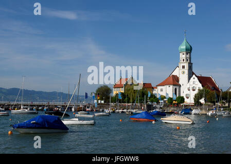 Wasserburg with church St. Georg, Lake of Constance, Bavarians, Germany Stock Photo