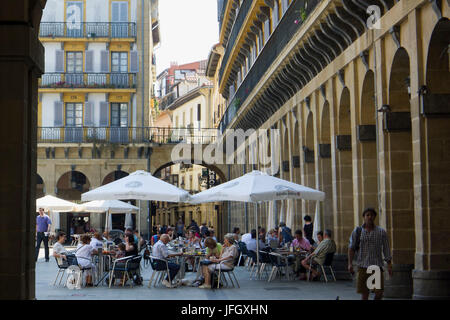 Street café on the Piazza della Constitución, Old Town, Donostia-San Sebastián, Gipuzkoa, the Basque Provinces, Spain Stock Photo