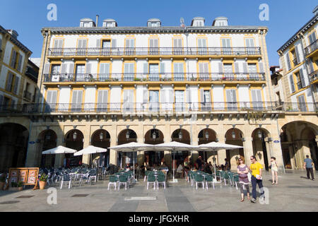 Street café on the Piazza della Constitución, Old Town, Donostia-San Sebastián, Gipuzkoa, the Basque Provinces, Spain Stock Photo