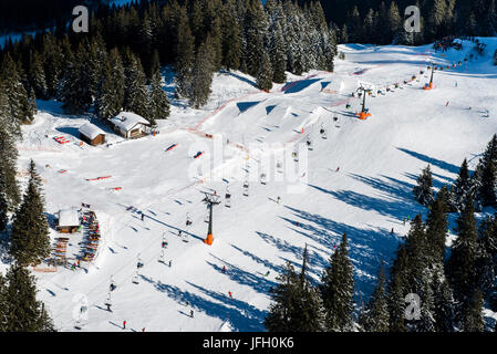 Skiing area Garmisch-Classic with fun park Hexenkessel, Kreuzeck, Garmisch-Partenkirchen, aerial picture, Bavarians, Germany Stock Photo