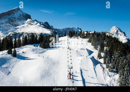 Skiing area Garmisch-Classic in front of Alpspitze and Zugspitze, fun park Hexenkessel, Kreuzeck, Garmisch-Partenkirchen, aerial picture, Bavarians, Germany Stock Photo