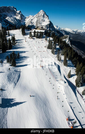 Skiing area Garmisch-Classic in front of Zugspitze, fun park Hexenkessel, Kreuzeck, Garmisch-Partenkirchen, aerial picture, Bavarians, Germany Stock Photo