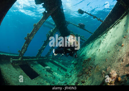 Diver in the wreck of the Umbria, outsideate reef, the Red Sea, Sudan Stock Photo