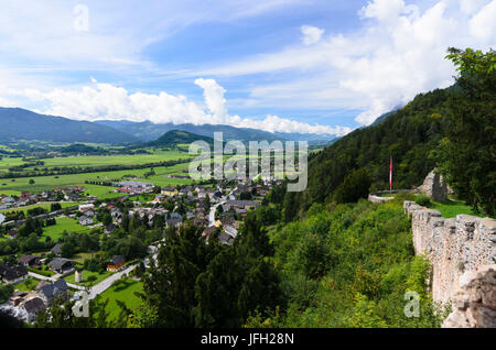 Castle Wolkenstein, view at Wörschach and the Ennstal, Austria, Styria, Dachstein Tauern region, Wörschach Stock Photo