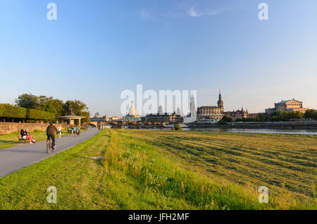 Elbufer with Augustusbrücke, 'lemon squeezer' of the Dresden academy of arts, Church of Our Lady, state house, city hall, court church, castle tower and Semperoper, Germany, Saxony, Dresden Stock Photo