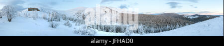 Predawn morning winter mountain panorama with snow covered trees ...