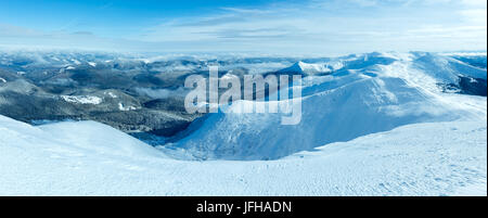Morning winter mountain panorama (Carpathian, Ukraine). Stock Photo