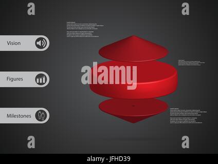 3D illustration infographic template with motif of red cylinder between two cones horizontally arranged with simple sign and sample text on side in ba Stock Vector