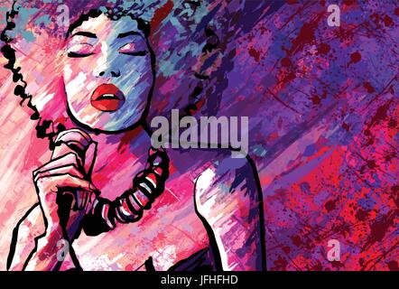 Jazz singer with microphone on grunge background - Vector illustration Stock Vector