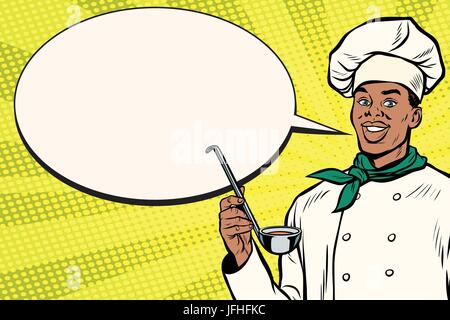 African chef with ladle cartoon bubble. Pop art retro vector illustration Stock Vector