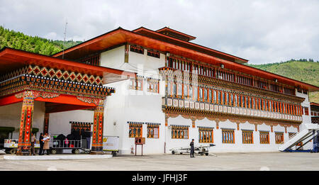 Thimphu, Bhutan - Aug 29, 2015. People at Tibetan temple in Thimphu, Bhutan. Bhutan is a landlocked country and the second largest Himalayan state in  Stock Photo