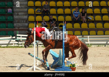 Accident at the jump - competitor falling from her horse in the show jumping event Stock Photo