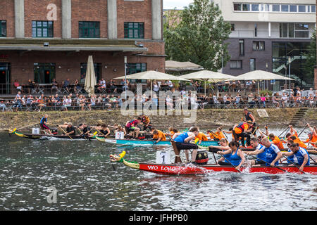 Dragonboat regatta in the inner harbor of Duisburg, Germany, racing in the scenery of old and new harbor buildings, the largest leisure time dragonboa Stock Photo