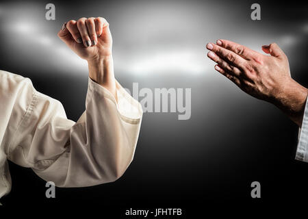 Composite image of female fighter performing karate stance Stock Photo