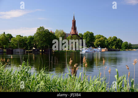 Europe, Germany, Mecklenburg-West Pomerania, island town Malchow, view to the cultural centre cloister of Malchow, monastery complex from the 13th century with neo-Gothic church from the 19th century, Stock Photo
