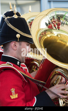 Musician in The Band of the Prince of Wales's Division playing a Tuba at an Agricultural show. UK Stock Photo