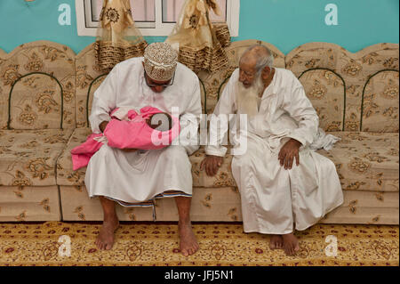 Arabia, Arabian peninsula, Sultanate of Oman, Saiq plateau, Jebel Akhdar, Sayq, the oldest Omani, 114 years, Sulaiman Bin Hilal Bin Amor At DegorJ, men, generations, baby Stock Photo