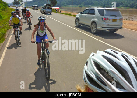 Asia, Laos, landlocked country, South-East Asia, Indo-Chinese peninsula, Vientiane, cyclist Stock Photo