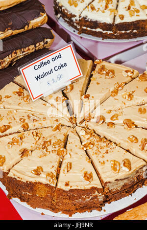 England, London, Southwark, Borough Market, Display of Coffee and Walnut Cake Stock Photo