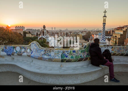 Park Guell with city skyline behind at sunrise, Barcelona, Catalonia, Spain Stock Photo