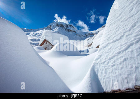 Chiavenna valley, snowy winter to Lendine alp, in the background Pizzaccio mountain, Lombardy, Italy Stock Photo