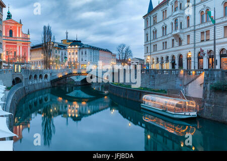 Europe, Slovenia, Ljubljana, Tromostovje and the Franciscan Church of the Annunciation Stock Photo