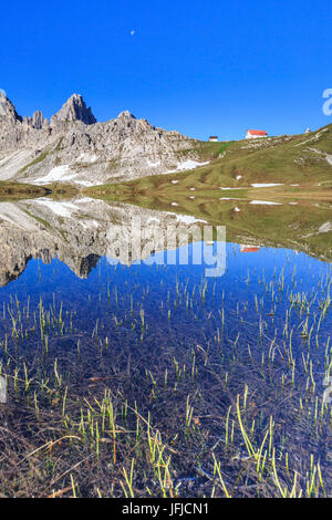 View from Laghi dei Piani of Refuge Locatelli and Mount Paterno, Sesto Dolomites Trentino Alto Adige Italy Europe Stock Photo