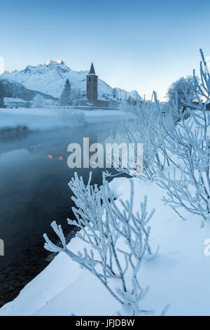 Foggy sunrise in winter, Sils Maria, Sils im Engadin, Graubunden, Switzerland, Stock Photo