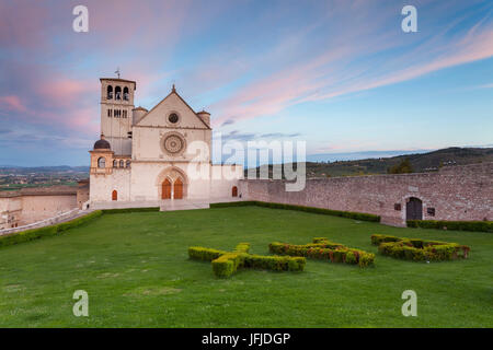 Assisi, Perugia province, Umbria, Italy, The Papal Basilica of St. Francis of Assisi at dawn, Stock Photo