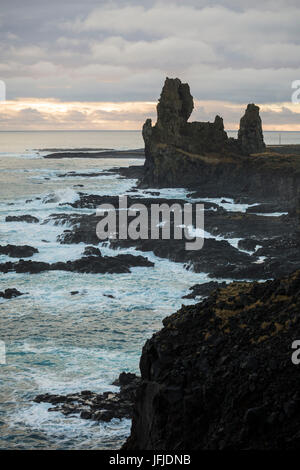 Vertical shot of Bird rock, Londrangar, Snaefellsjoekull National Park, Western Iceland, Europe Stock Photo