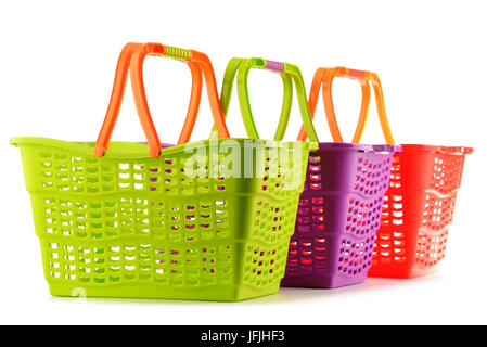 Three empty plastic shopping baskets isolated on white background Stock Photo