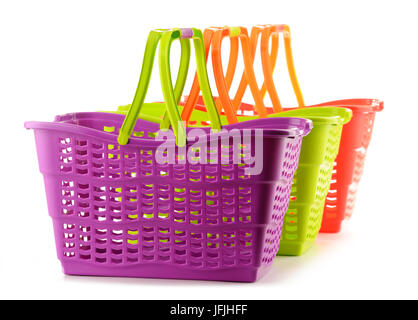 Three empty plastic shopping baskets isolated on white background Stock Photo