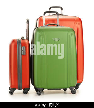 Luggage consisting of three polycarbonate suitcases isolated on white Stock Photo