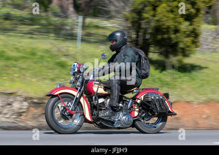 Vintage 1942 Harley Davidson WL Motorcycle on country roads near the town of Birdwood, South Australia. Stock Photo