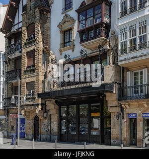 Typical and famous facade of a building of the old town in the town of Durango, Vizcaya province, Basque Country, Spain, Europe. Stock Photo