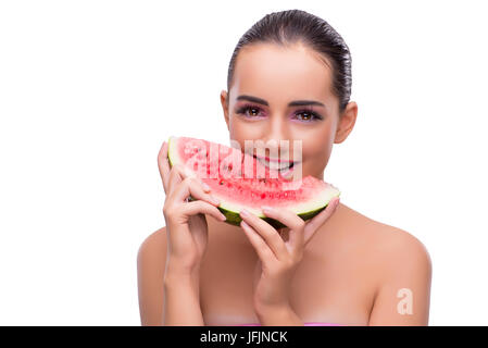 Woman with watermelon slice isolated on white Stock Photo