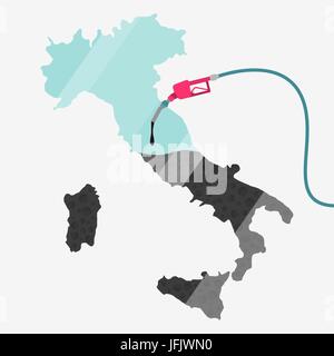 Map of Italy being fueled by oil. Gas pump fueled map. On the map there is glass reflection. Conceptual. Oil producing or importing countries. Stock Vector
