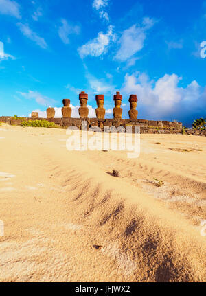 Moais in Ahu Nau Nau by the Anakena Beach, Rapa Nui National Park, Easter Island, Chile Stock Photo